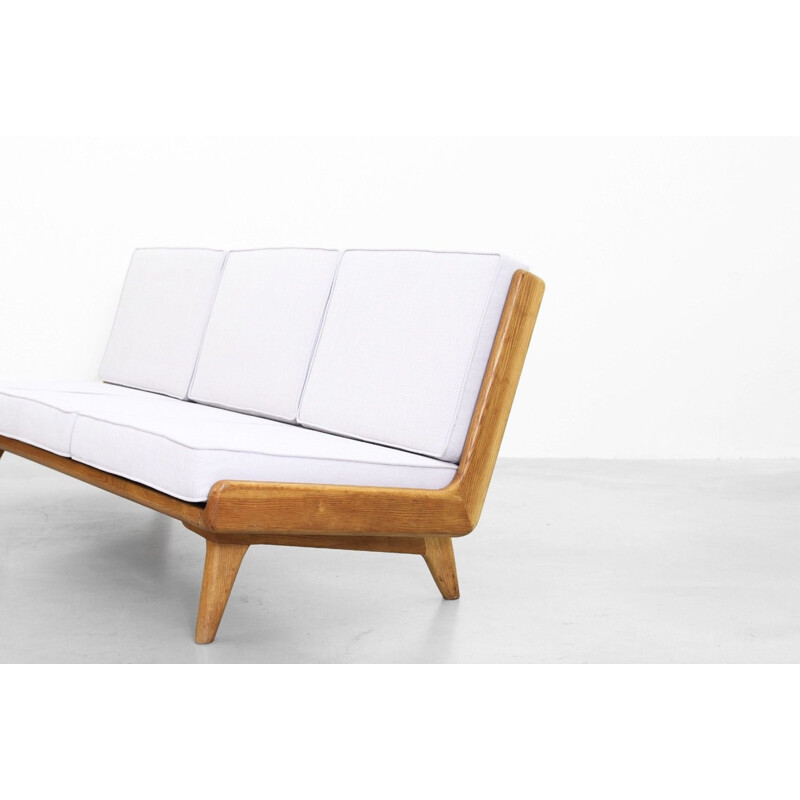 Vintage scandinavian sofa in oakwood and white fabric 1950