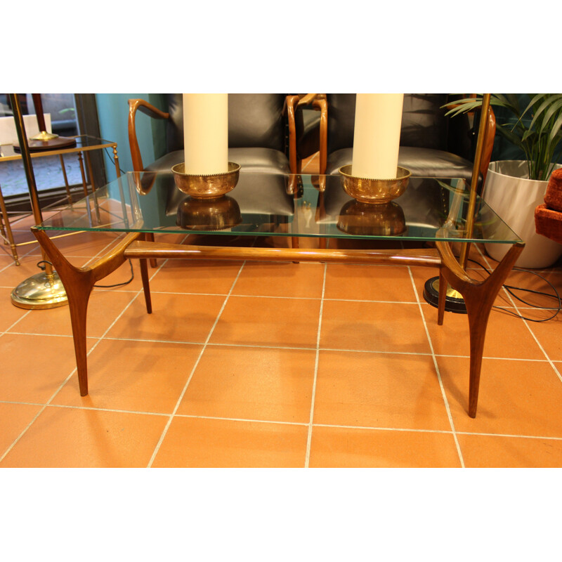 Table basse vintage italienne en bois et verre 1950