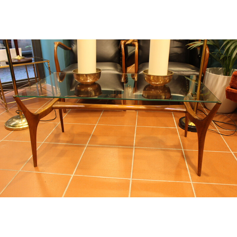 Vintage italian coffee table in wood and glass 1950