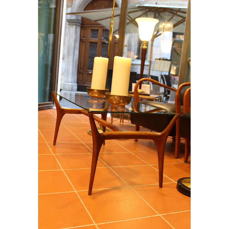 Vintage italian coffee table in wood and glass 1950