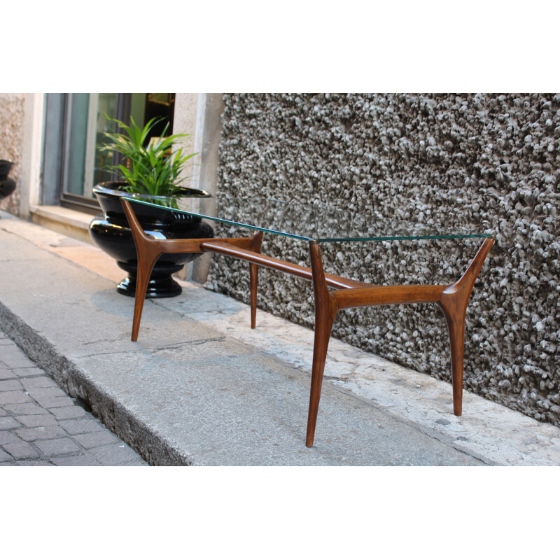 Table basse vintage italienne en bois et verre 1950