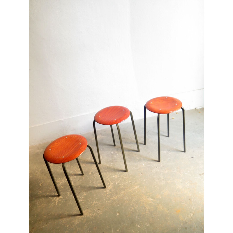 Set of 3 stools in wood and metal