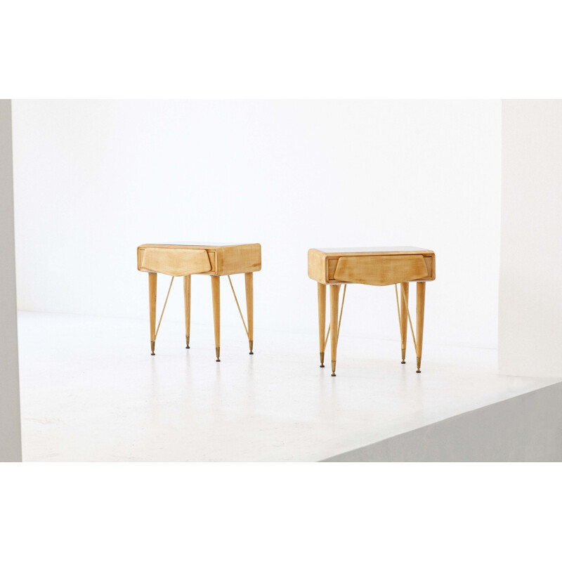 Pair of Italian bedside tables in maple and glass