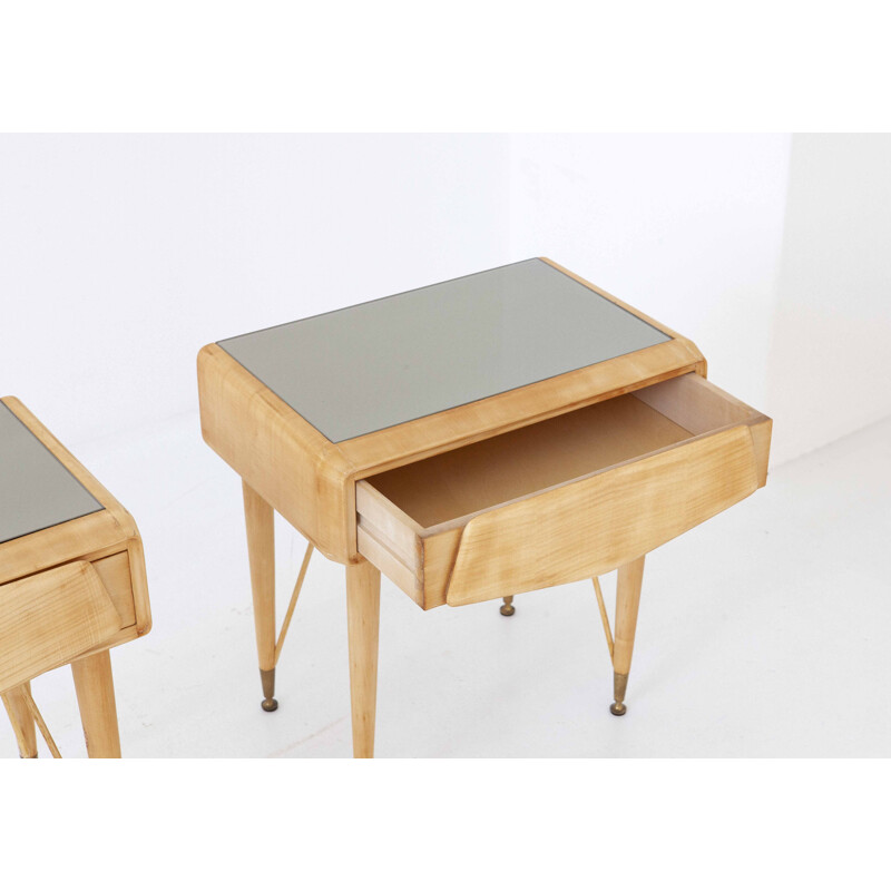 Pair of Italian bedside tables in maple and glass