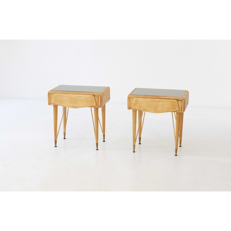 Pair of Italian bedside tables in maple and glass