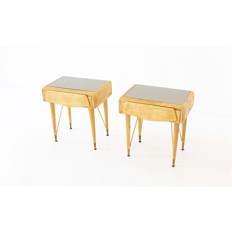 Pair of Italian bedside tables in maple and glass