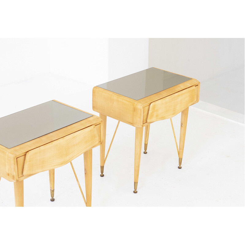 Pair of Italian bedside tables in maple and glass