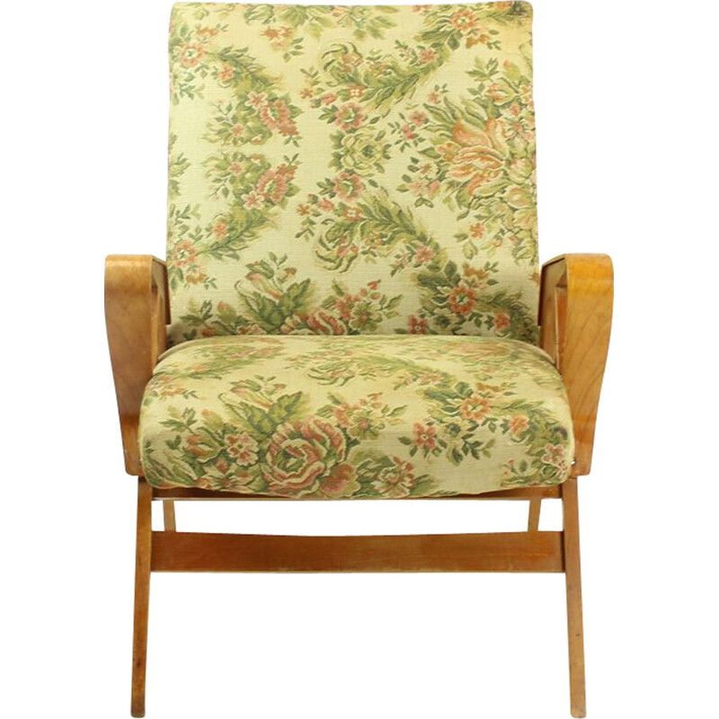 Vintage Armchair Tatra in Light Beech & Original Fabric, Czechoslovakia, circa 1960