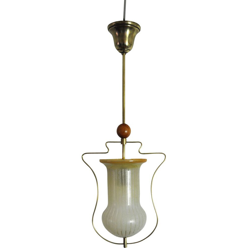 Vintage scandinavian pendant lamp in glass and brass 1930