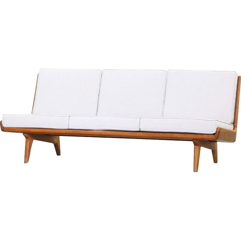 Vintage scandinavian sofa in oakwood and white fabric 1950