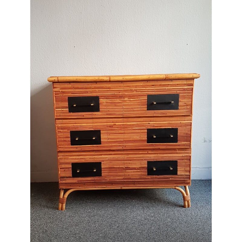 Vintage chest of drawers in rattan and brass 