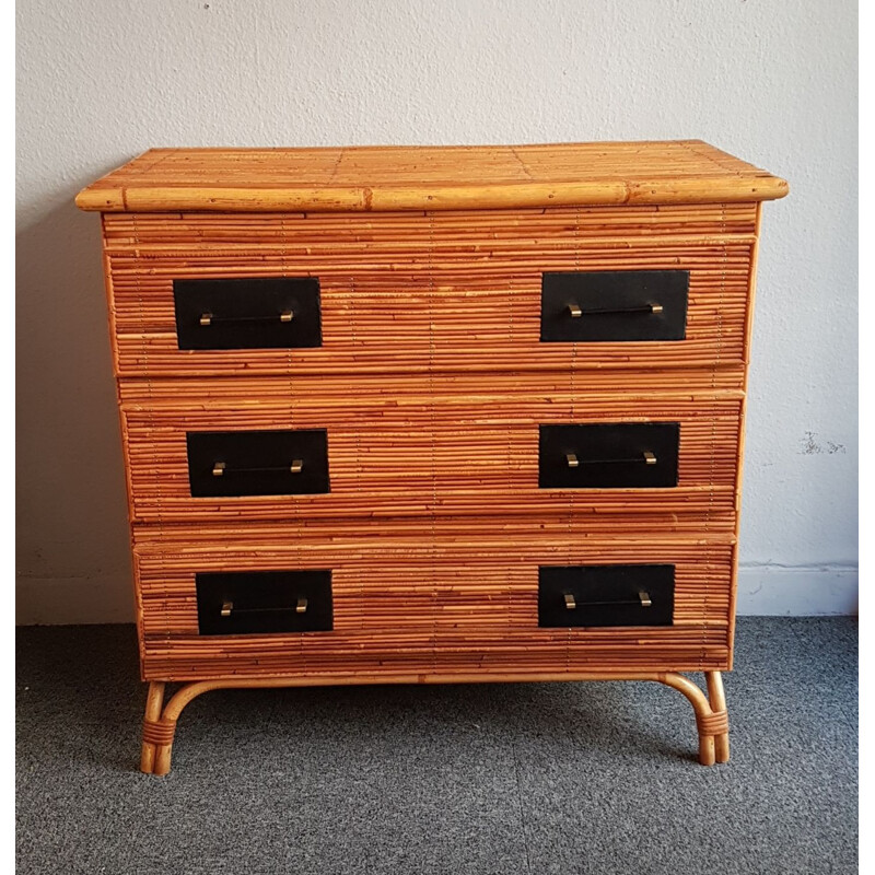 Vintage chest of drawers in rattan and brass 