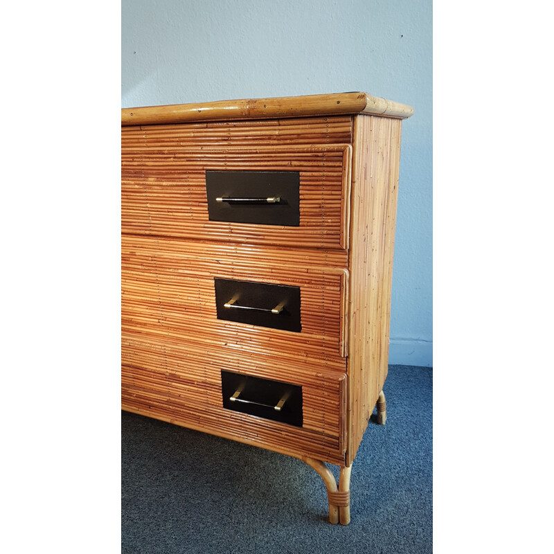 Vintage chest of drawers in rattan and brass 