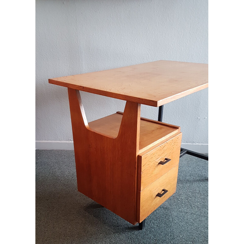 Bureau vintage français en bois et métal 1950