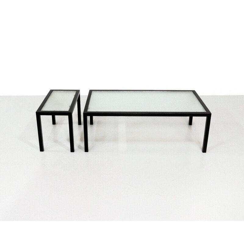 Set of 2 vintage coffee tables in black metal and glass