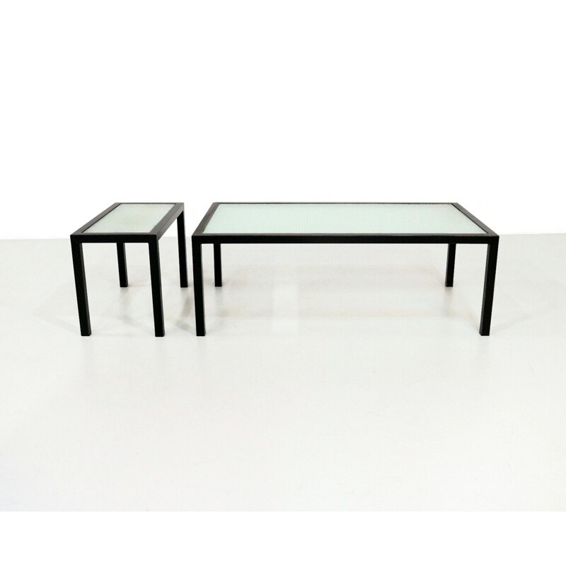 Set of 2 vintage coffee tables in black metal and glass