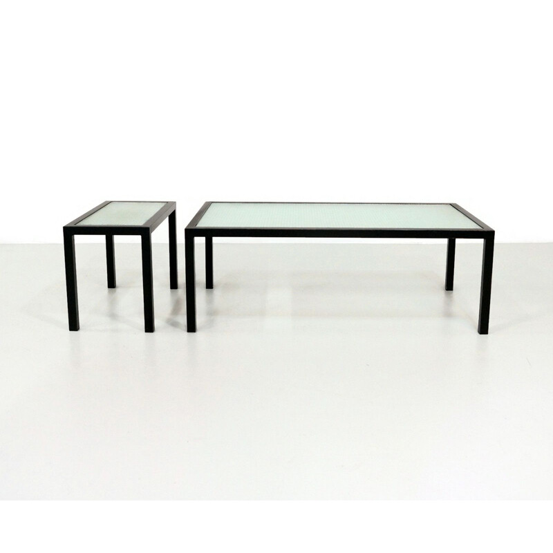 Set of 2 vintage coffee tables in black metal and glass