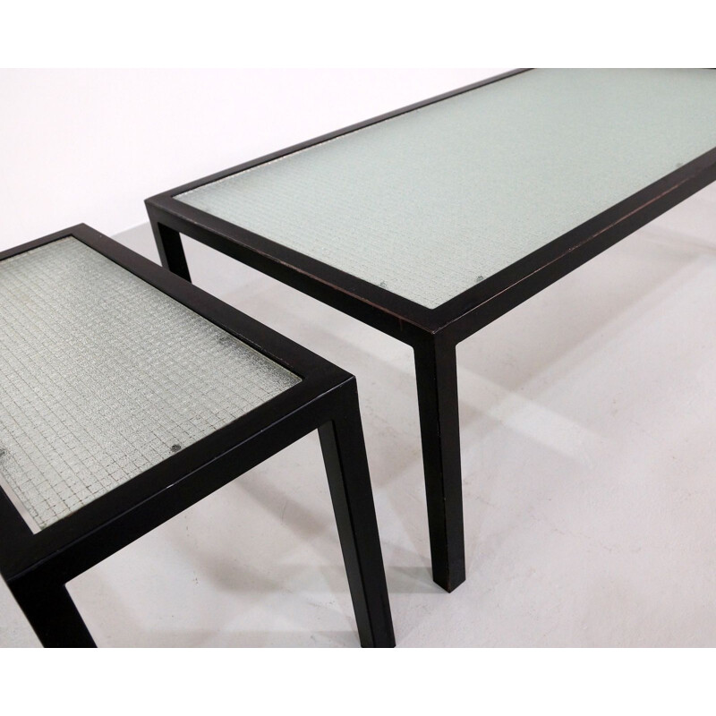 Set of 2 vintage coffee tables in black metal and glass