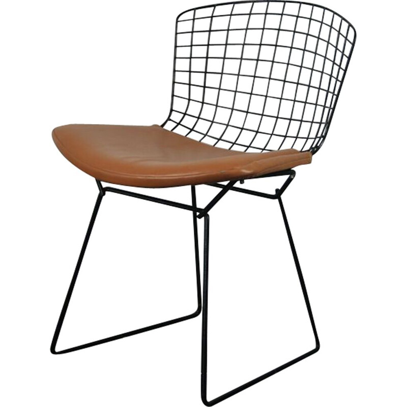 Vintage Bertoia chair for Knoll in black steel and leatherette 1950