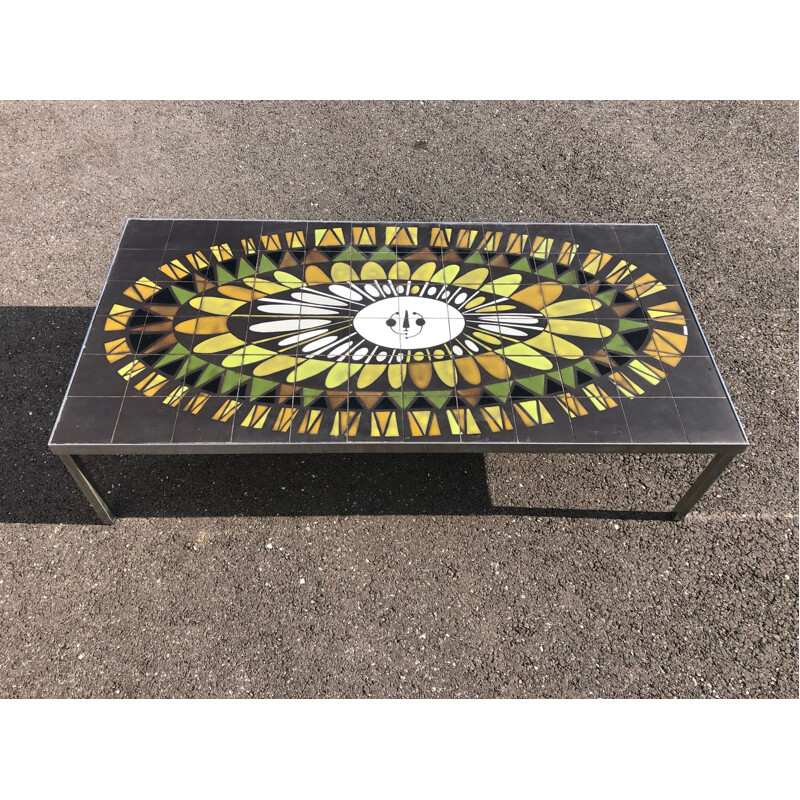 Vintage Coffee Table by Capron in green ceramic France 1960s