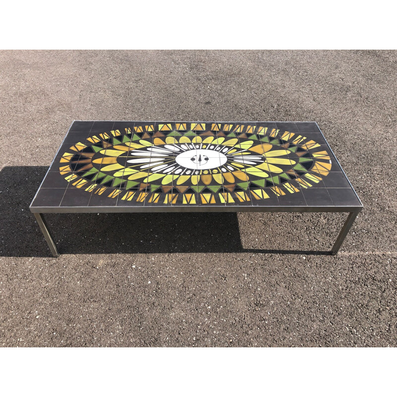 Vintage Coffee Table by Capron in green ceramic France 1960s