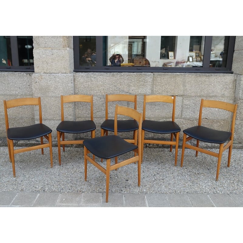 Set of 6 chairs in wood and black leatherette - 1960s