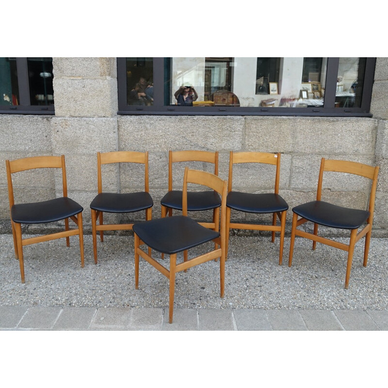 Suite de 6 chaises en bois et simili cuir noir - 1960