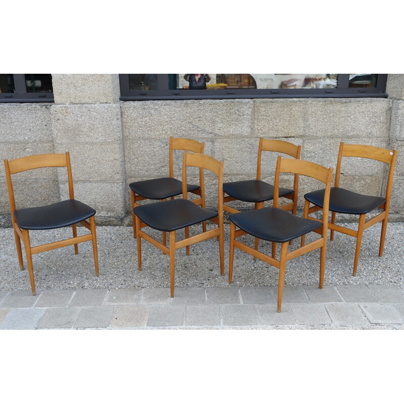 Set of 6 chairs in wood and black leatherette - 1960s