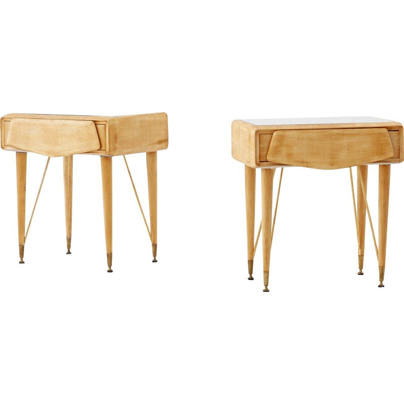 Pair of Italian bedside tables in maple and glass