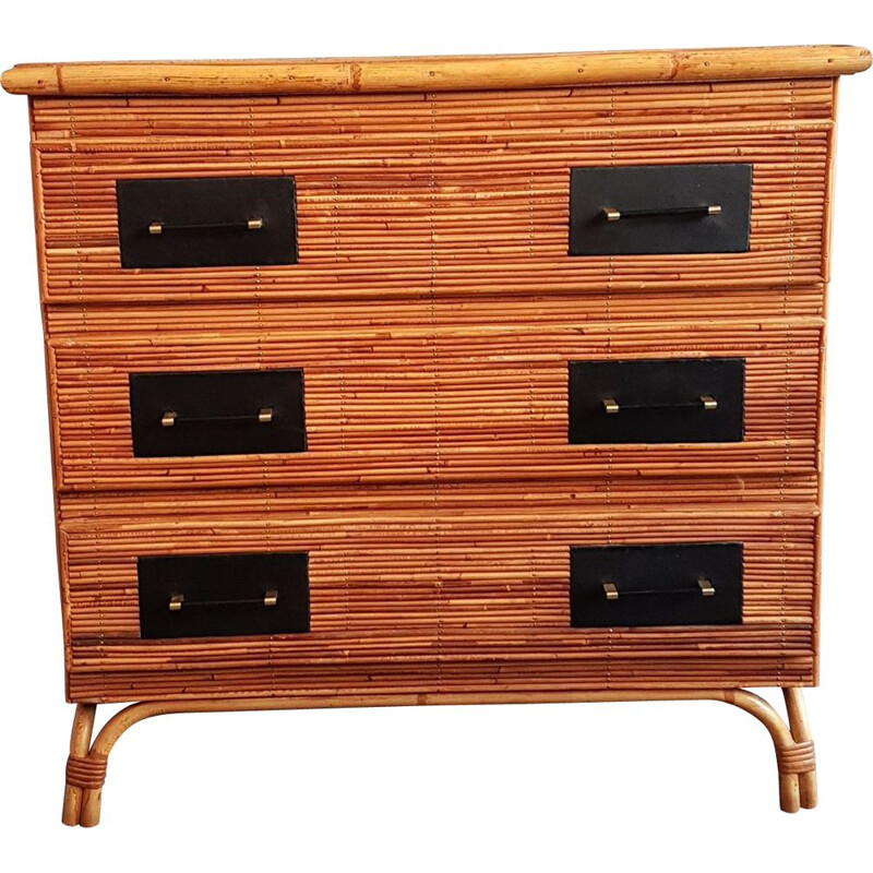 Vintage chest of drawers in rattan and brass 