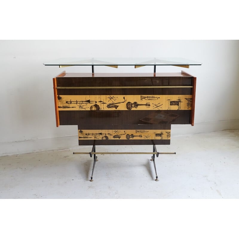 Vintage bar in glass, metal and brass, 1970