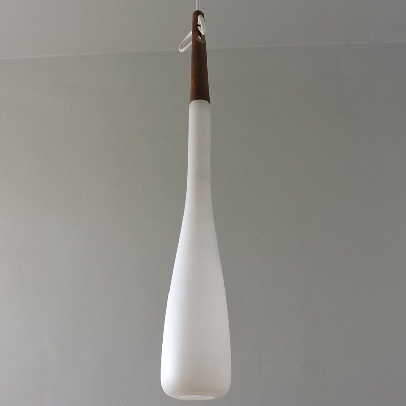 Vintage teak en opaline bol hanglamp van Uno en Osten Kristiansson, Zweden 1960