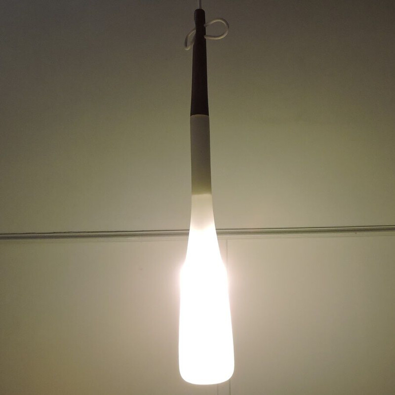 Vintage teak en opaline bol hanglamp van Uno en Osten Kristiansson, Zweden 1960
