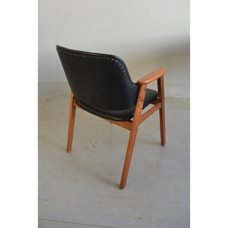 Desk chair in wood and black leatherette - 1960s