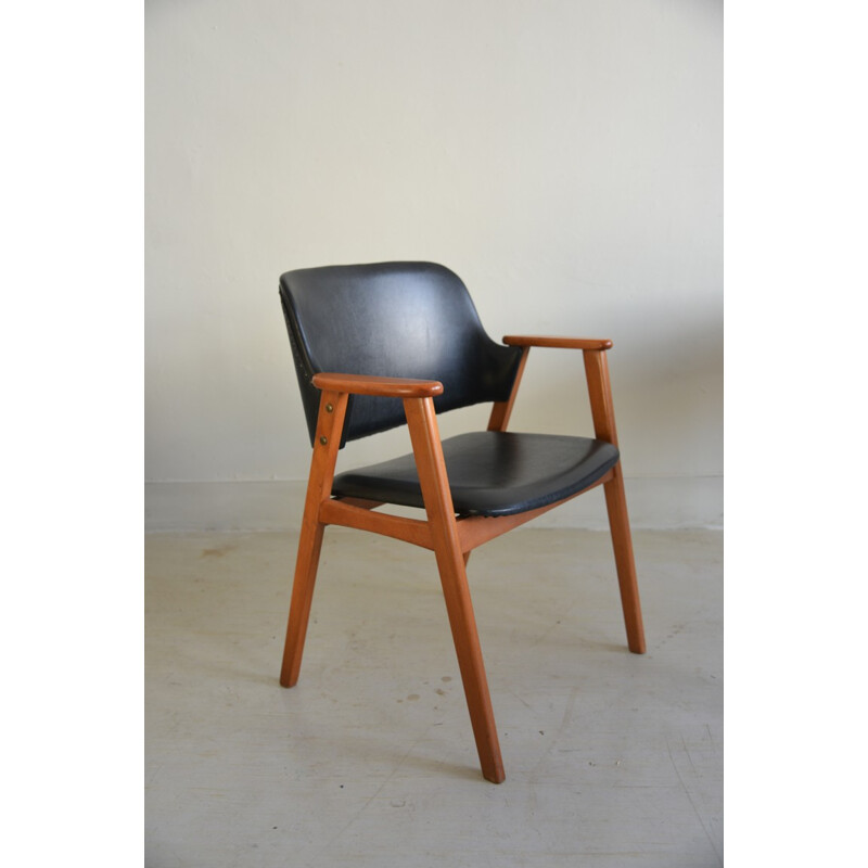 Desk chair in wood and black leatherette - 1960s