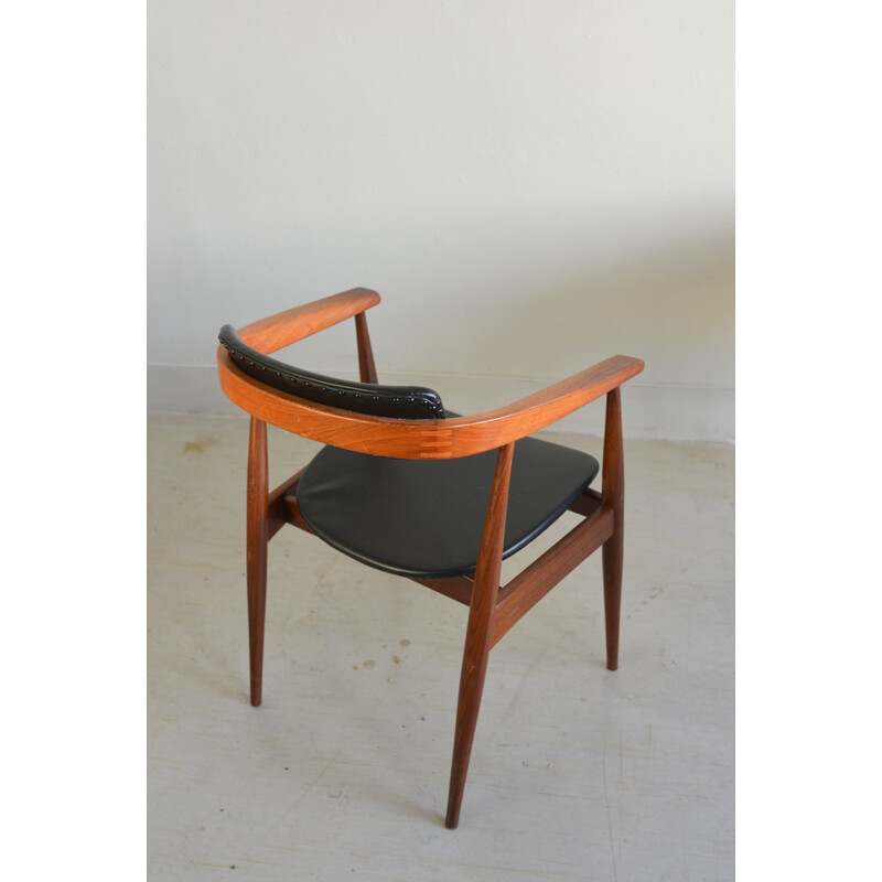 Desk chair in black leatherette and teak - 1960s