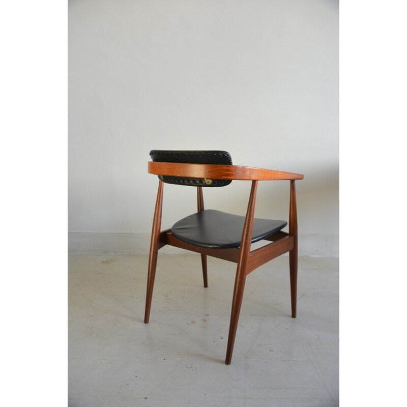 Desk chair in black leatherette and teak - 1960s