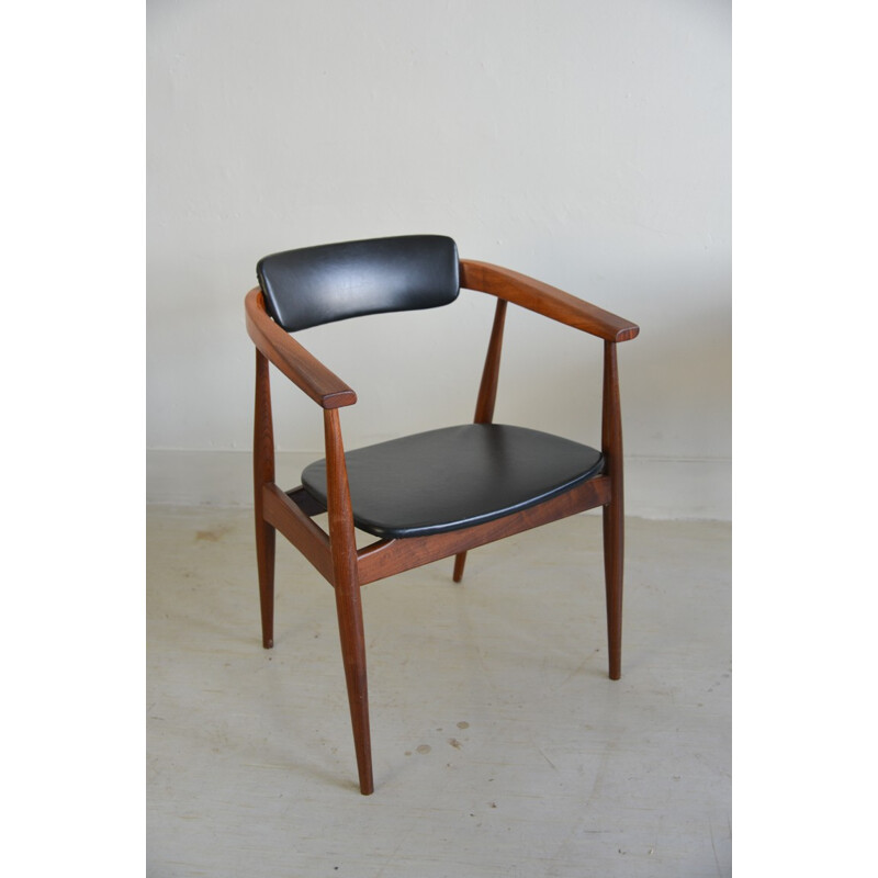 Desk chair in black leatherette and teak - 1960s