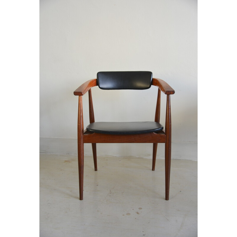 Desk chair in black leatherette and teak - 1960s