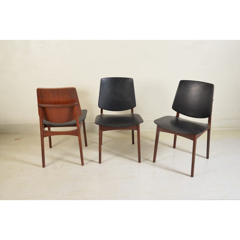 Set of 3 chairs in rosewood and leather, HOVMAND OLSEN - 1950s