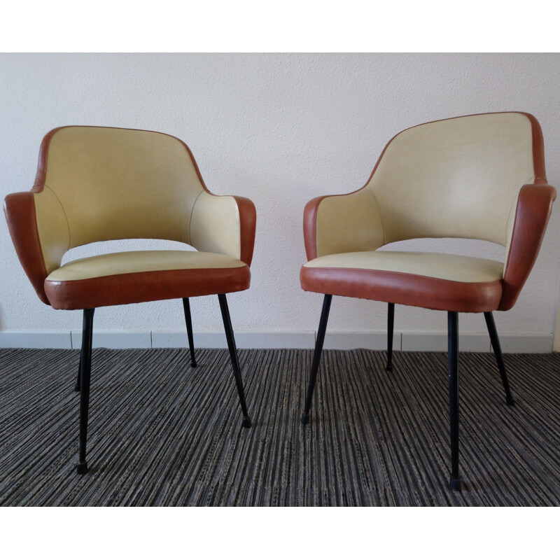 Pair of vintage french armchairs in cream leatherette and metal 1960