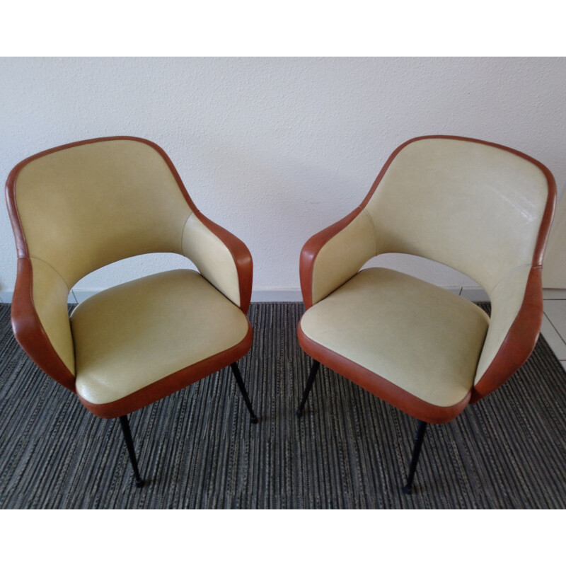 Pair of vintage french armchairs in cream leatherette and metal 1960