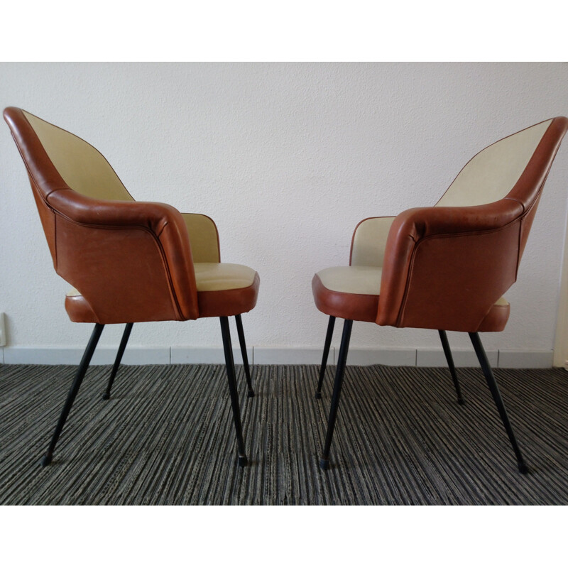 Pair of vintage french armchairs in cream leatherette and metal 1960