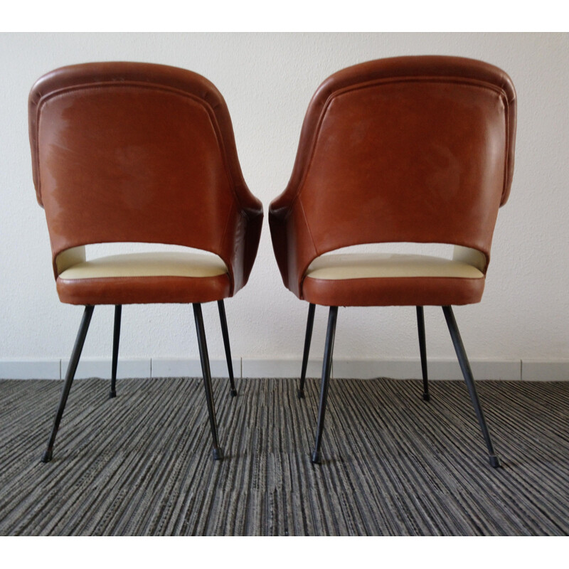 Pair of vintage french armchairs in cream leatherette and metal 1960