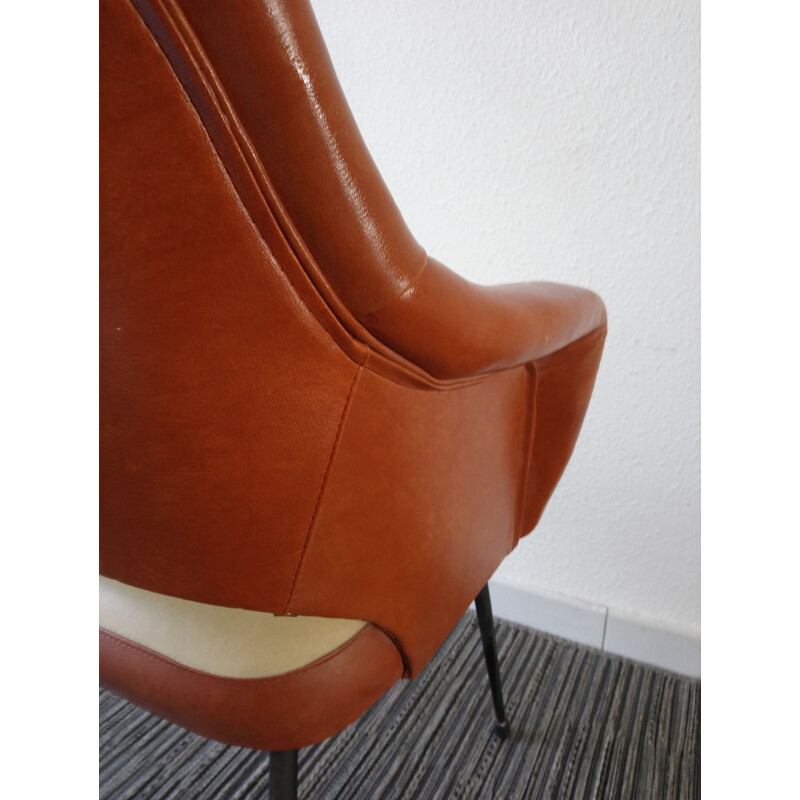 Pair of vintage french armchairs in cream leatherette and metal 1960