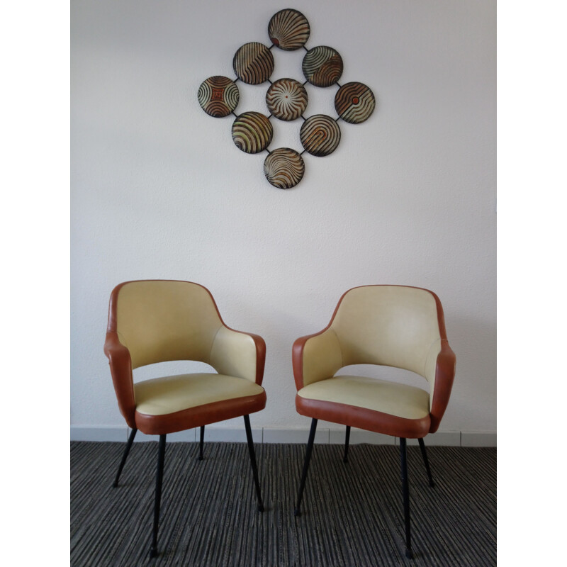 Pair of vintage french armchairs in cream leatherette and metal 1960