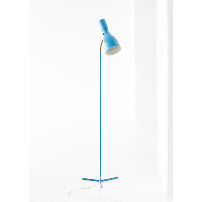 Lampadaire vintage italien tripode en métal bleu et laiton 1950