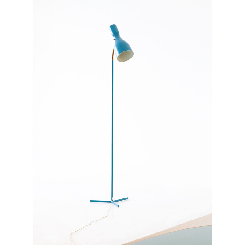 Lampadaire vintage italien tripode en métal bleu et laiton 1950