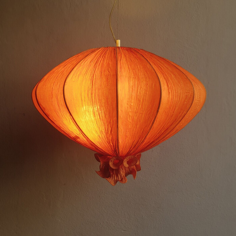 Large vintage pendant lamp in orange silk 1960