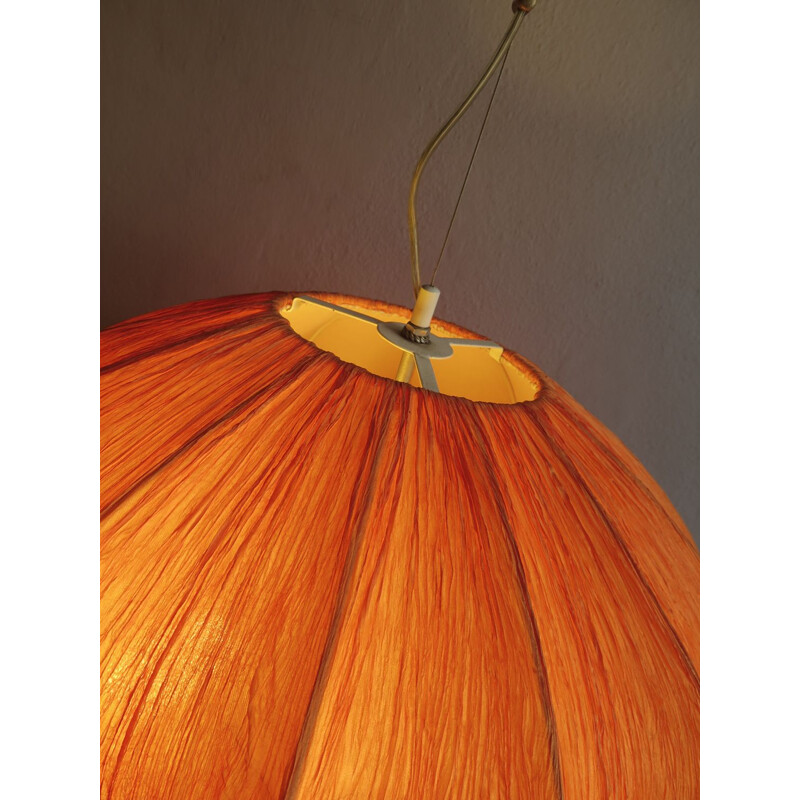 Large vintage pendant lamp in orange silk 1960